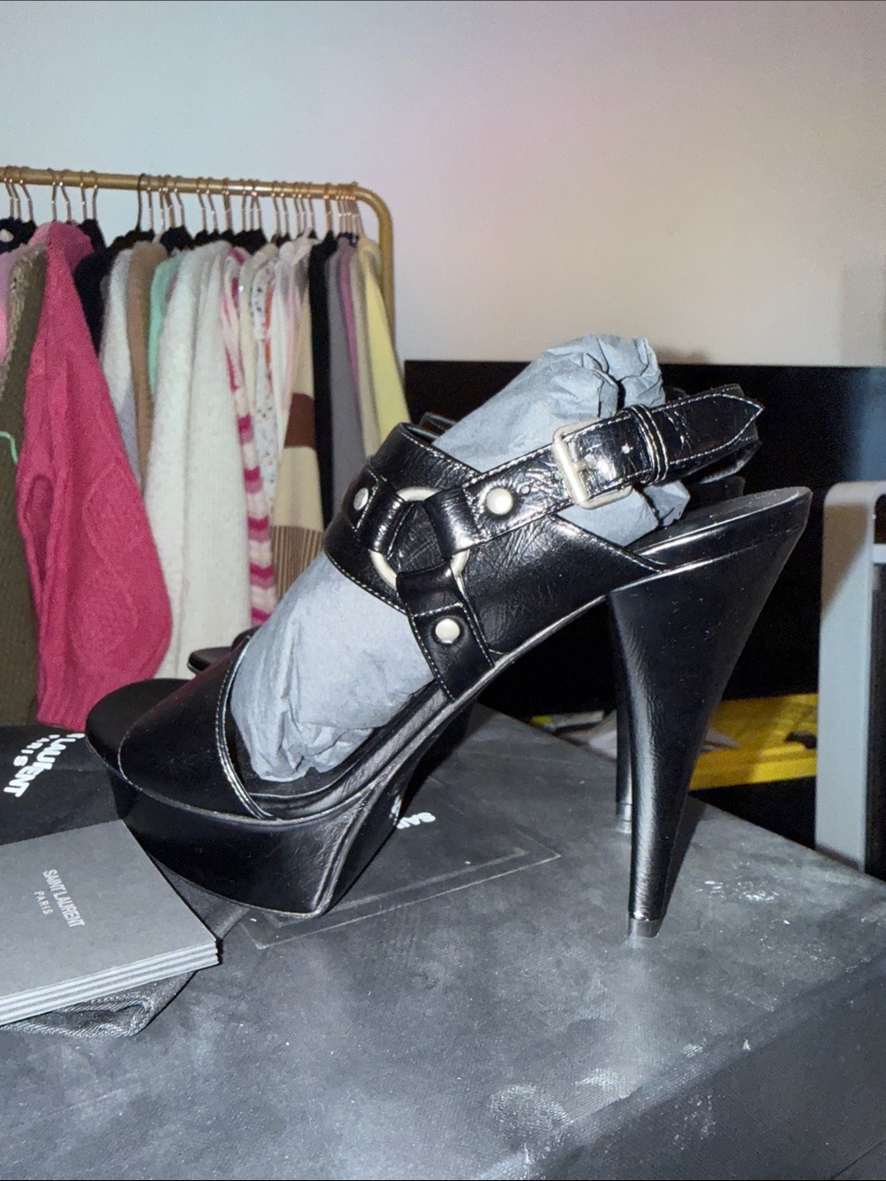 Saint Laurent Lido Black Leather Platform Ankle-Strap Heels - Picture 5 of 9